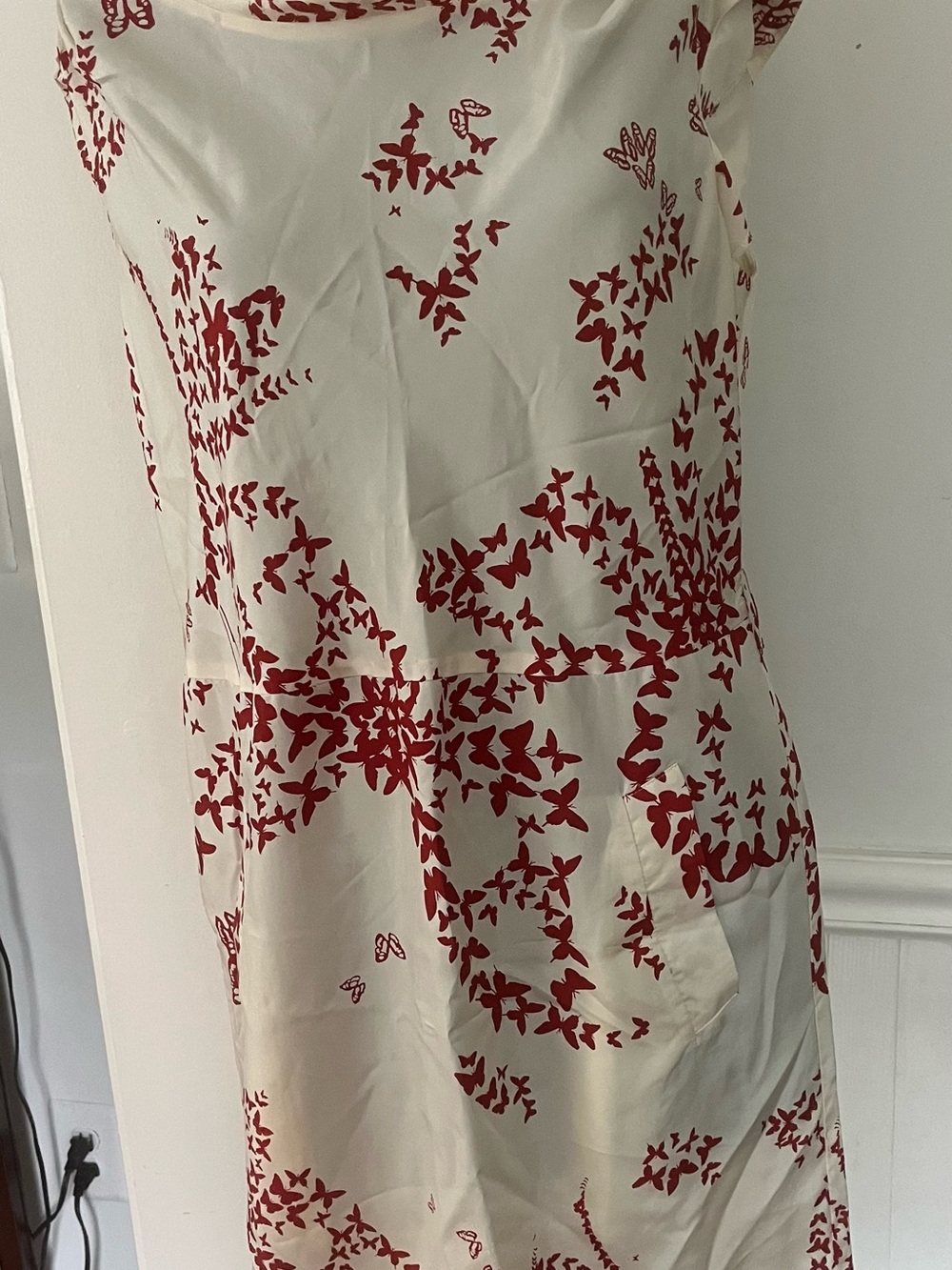 Strapless Cream Dress with Red Butterfly Print